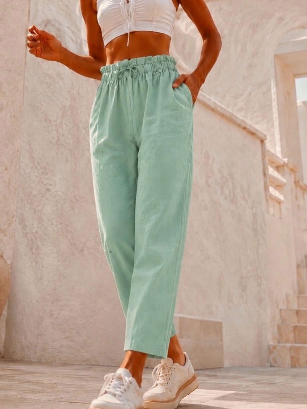 Organic Cotton Linen Ankle Pants Elastic High Waist Relaxed Boho Trousers S/M